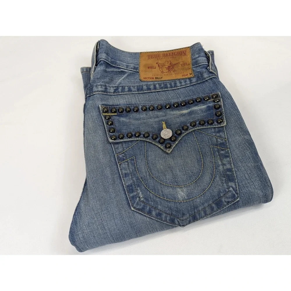 True Religion Billy Studded Distressed Bootcut Jeans Blue Mens 32x32 Made in USA